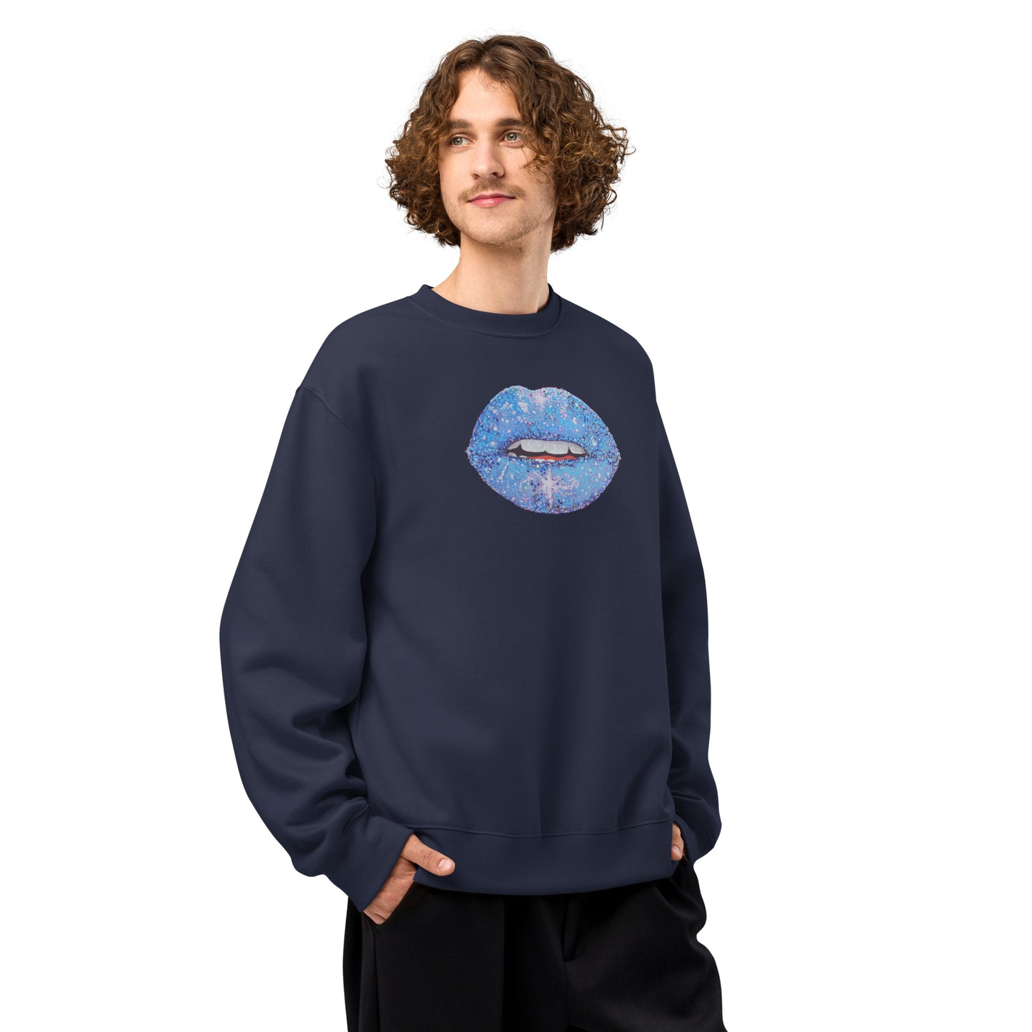 Blue Glitter Lips design by Kirsten Blackburn on oversized heavyweight sweatshirt