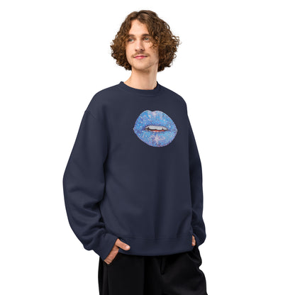 Blue Glitter Lips design by Kirsten Blackburn on oversized heavyweight sweatshirt