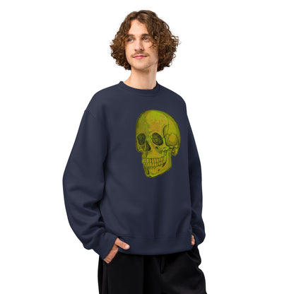 Green Skull design by Kirsten Blackburn on oversized heavyweight sweatshirt