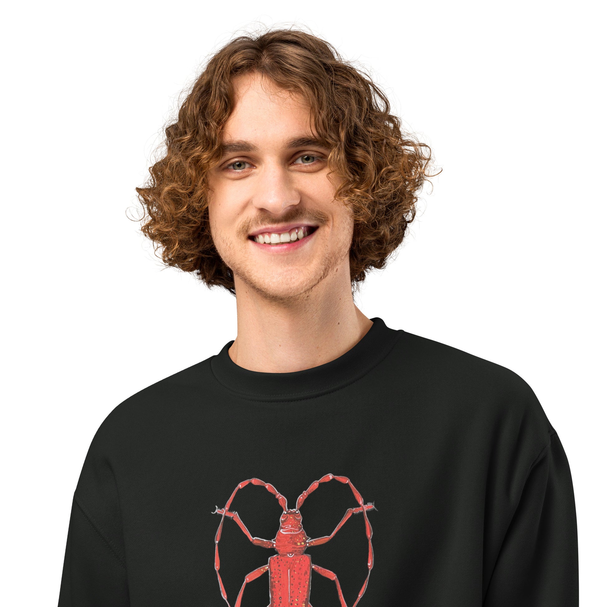 Red Beetle design by Kirsten Blackburn on oversized heavyweight sweatshirt