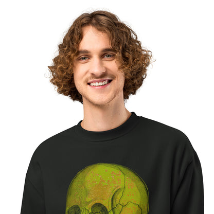 Green Skull design by Kirsten Blackburn on oversized heavyweight sweatshirt