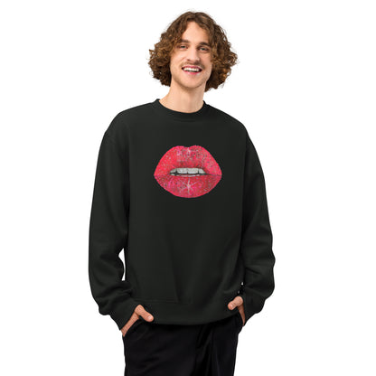 Red Glitter Lips design by Kirsten Blackburn on oversized heavyweight sweatshirt