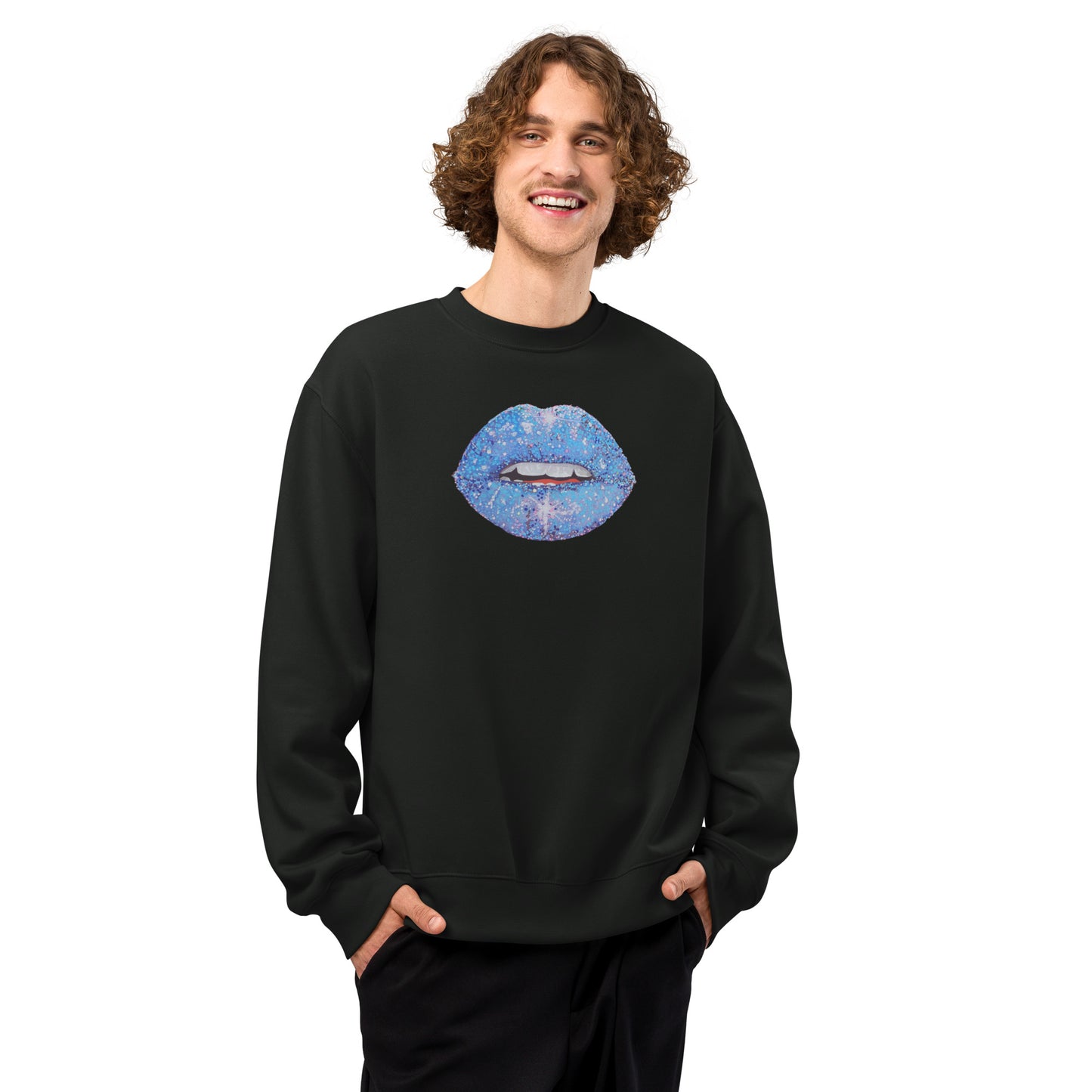 Blue Glitter Lips design by Kirsten Blackburn on oversized heavyweight sweatshirt