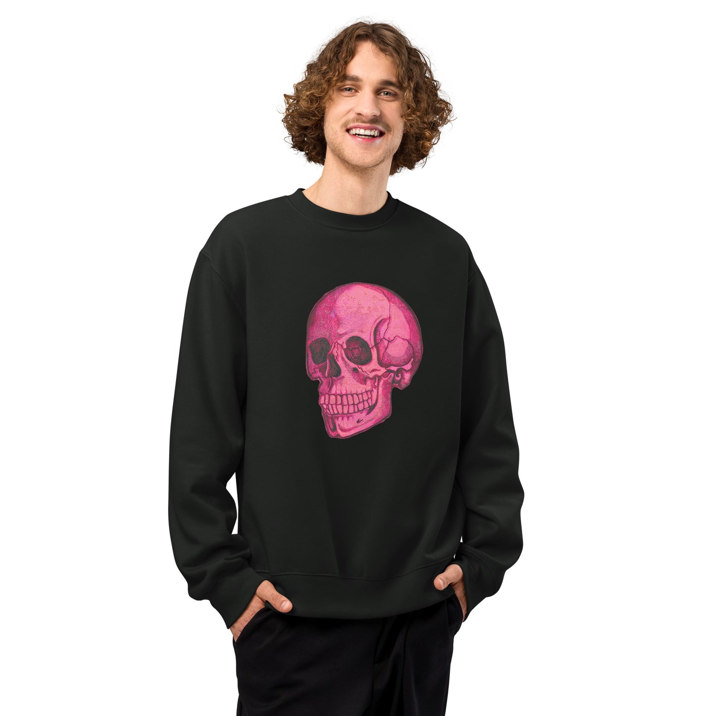 Pink Skull design by Kirsten Blackburn on oversized heavyweight sweatshirt