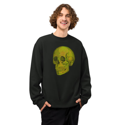 Green Skull design by Kirsten Blackburn on oversized heavyweight sweatshirt