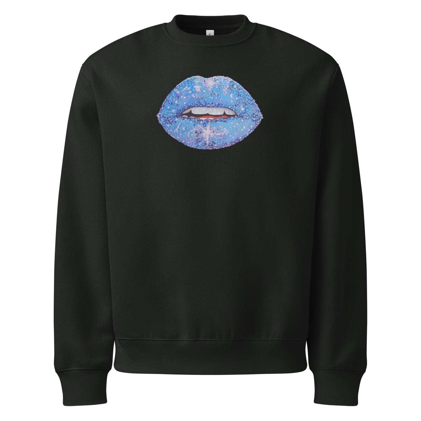 Blue Glitter Lips design by Kirsten Blackburn on oversized heavyweight sweatshirt