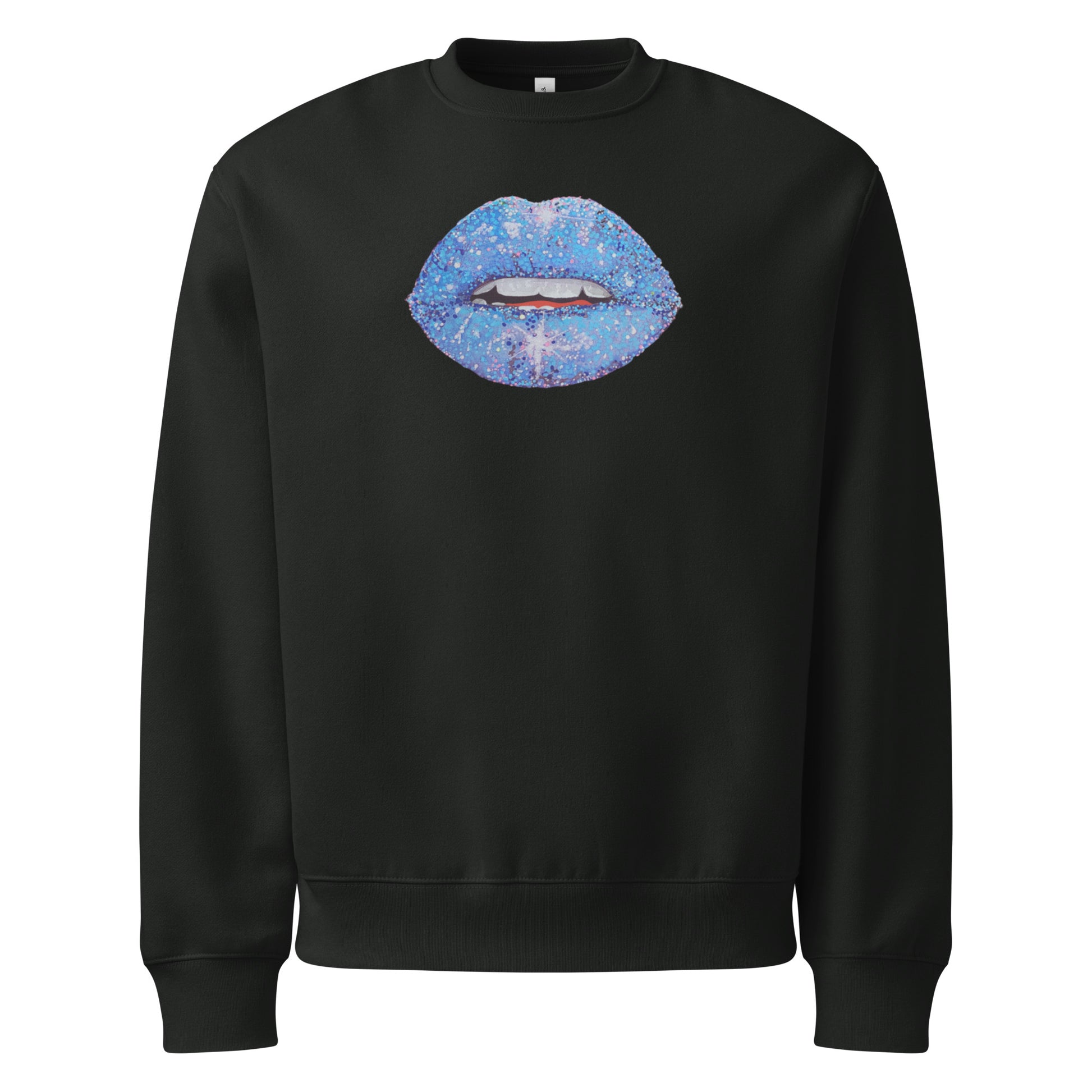 Blue Glitter Lips design by Kirsten Blackburn on oversized heavyweight sweatshirt
