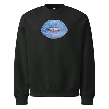 Blue Glitter Lips design by Kirsten Blackburn on oversized heavyweight sweatshirt