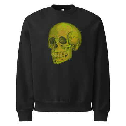 Green Skull design by Kirsten Blackburn on oversized heavyweight sweatshirt