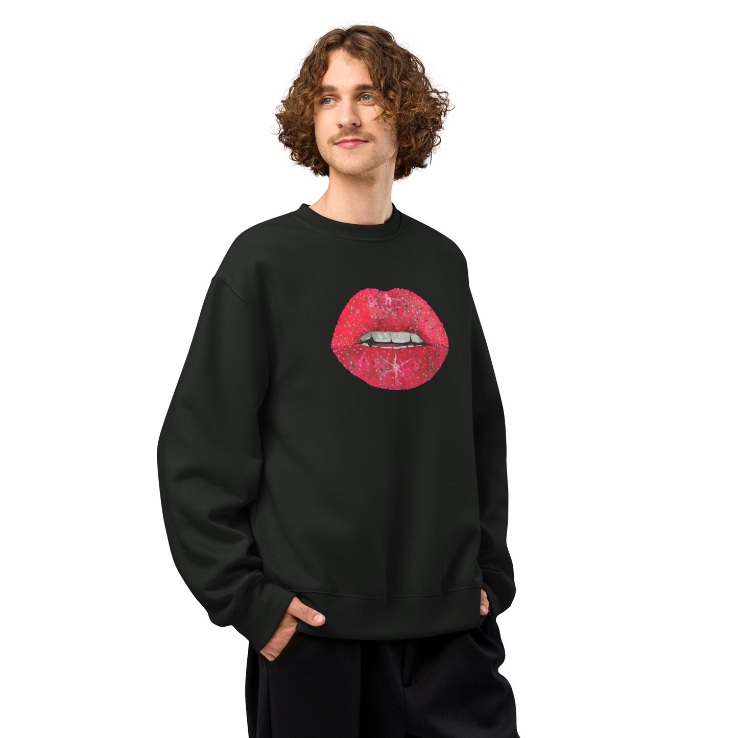 Red Glitter Lips design by Kirsten Blackburn on oversized heavyweight sweatshirt