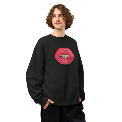 Red Glitter Lips design by Kirsten Blackburn on oversized heavyweight sweatshirt