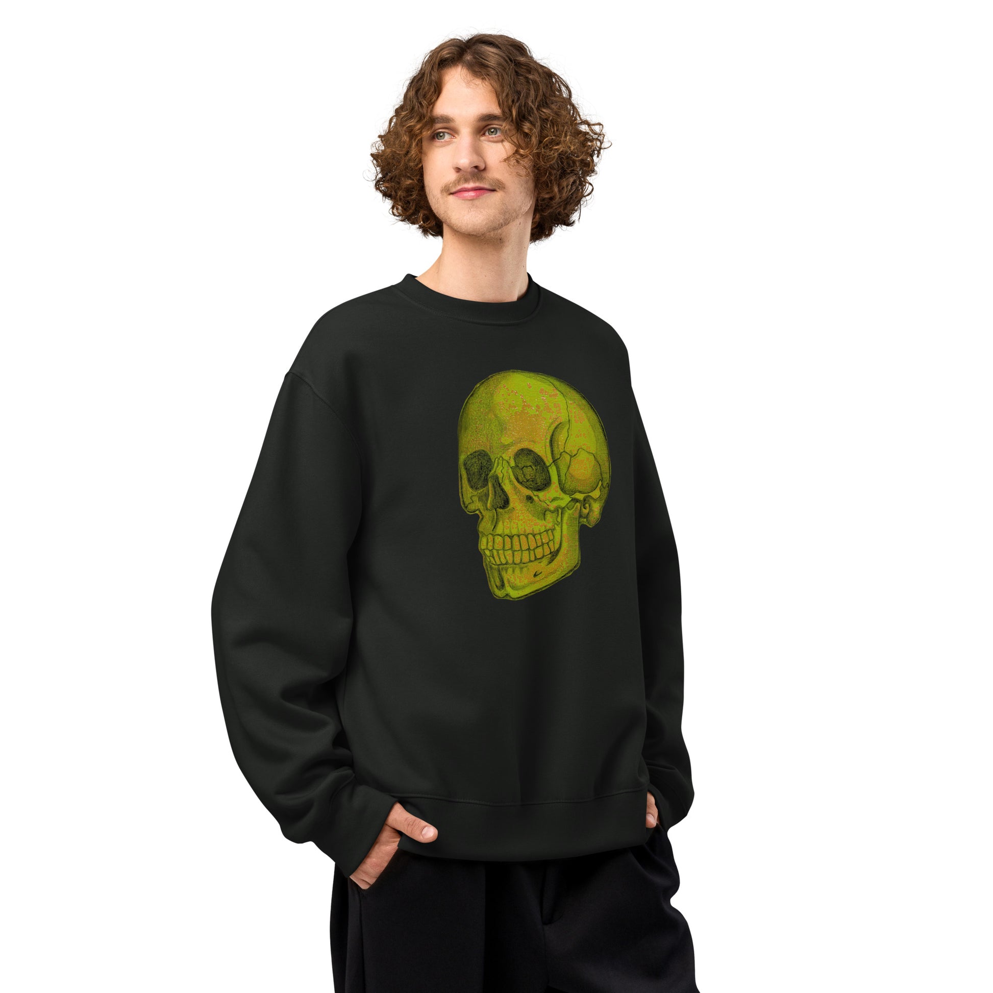 Green Skull design by Kirsten Blackburn on oversized heavyweight sweatshirt