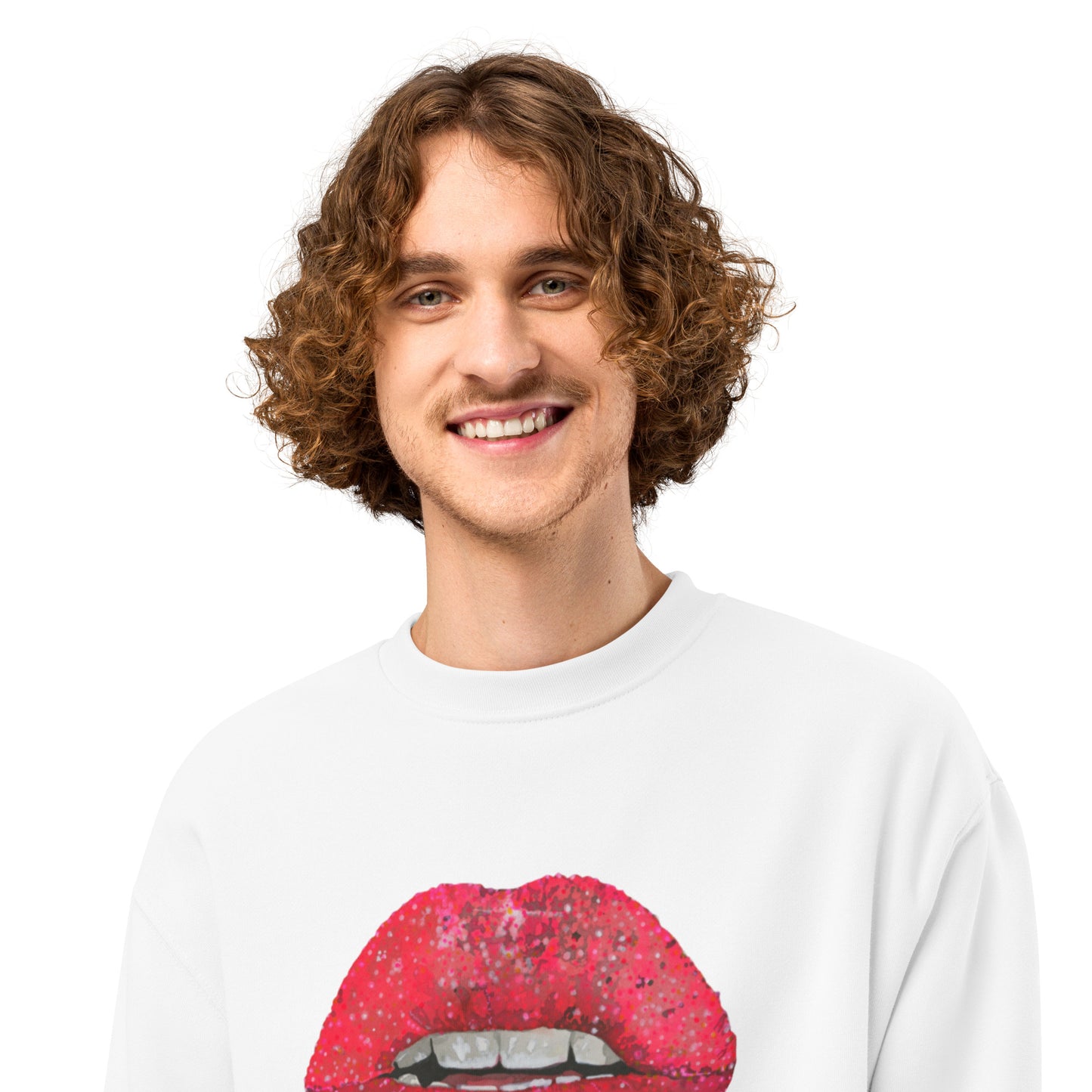 Red Glitter Lips design by Kirsten Blackburn on oversized heavyweight sweatshirt