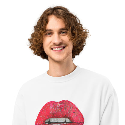 Red Glitter Lips design by Kirsten Blackburn on oversized heavyweight sweatshirt