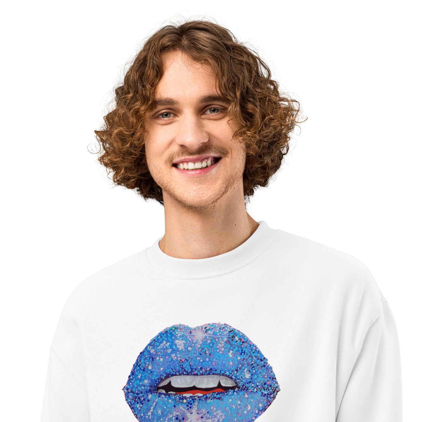 Blue Glitter Lips design by Kirsten Blackburn on oversized heavyweight sweatshirt