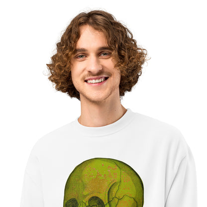 Green Skull design by Kirsten Blackburn on oversized heavyweight sweatshirt