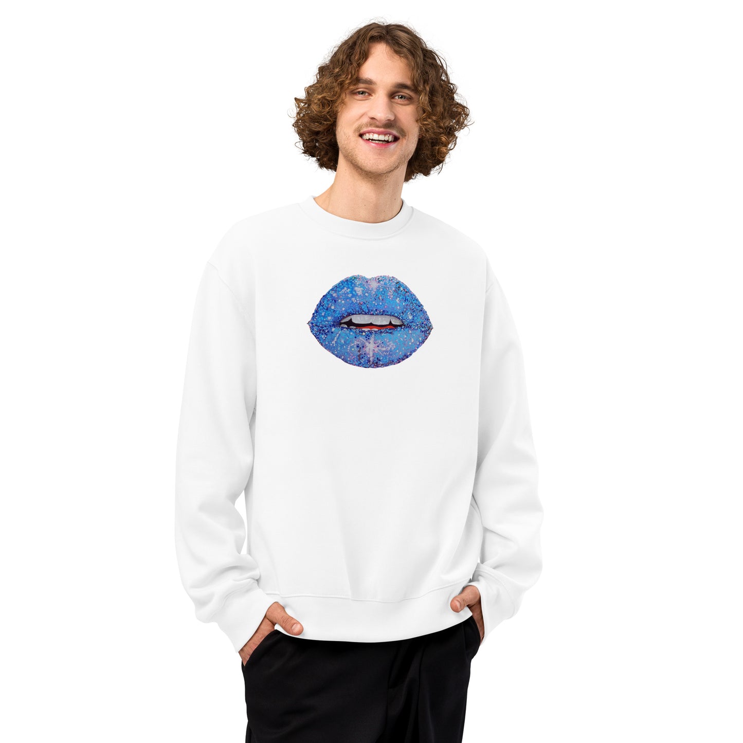 Blue Glitter Lips design by Kirsten Blackburn on oversized heavyweight sweatshirt
