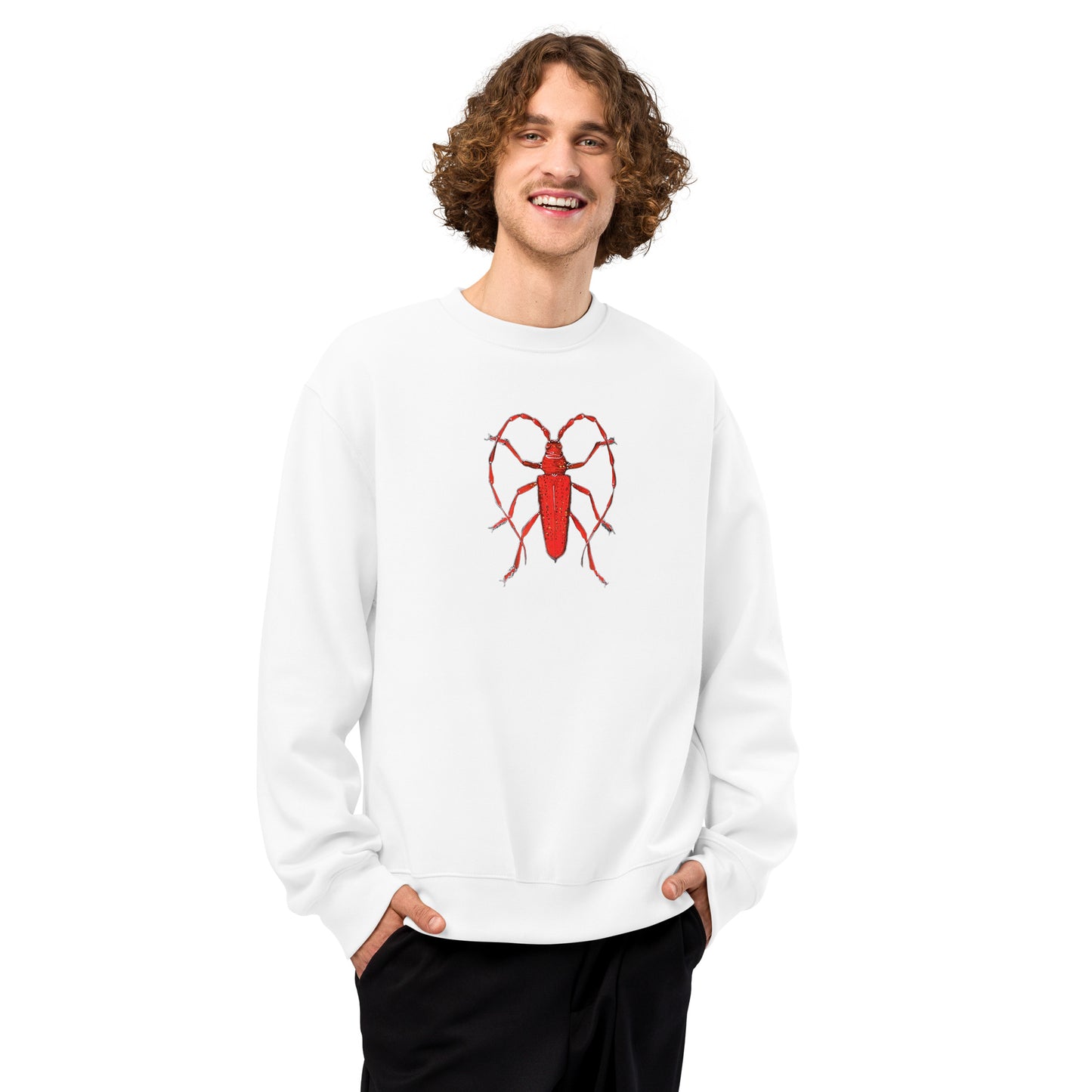 Red Beetle design by Kirsten Blackburn on oversized heavyweight sweatshirt