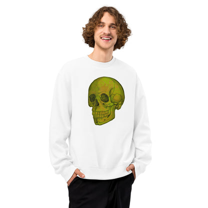 Green Skull design by Kirsten Blackburn on oversized heavyweight sweatshirt