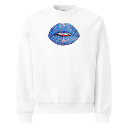 Blue Glitter Lips design by Kirsten Blackburn on oversized heavyweight sweatshirt