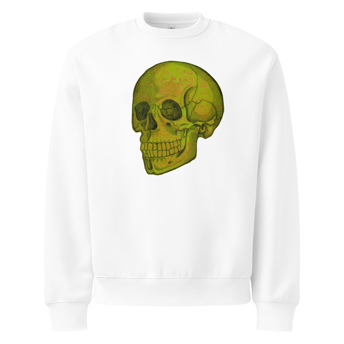 Green Skull design by Kirsten Blackburn on oversized heavyweight sweatshirt