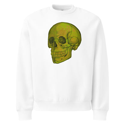 Green Skull design by Kirsten Blackburn on oversized heavyweight sweatshirt