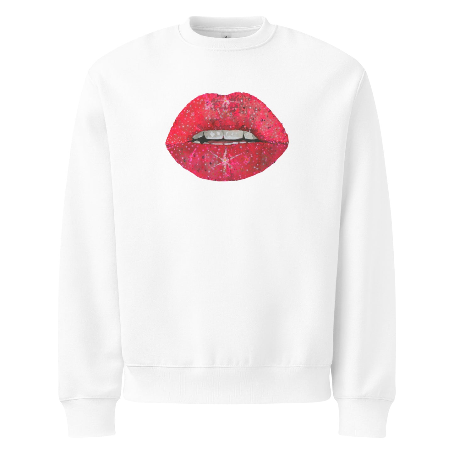 Red Glitter Lips design by Kirsten Blackburn on oversized heavyweight sweatshirt