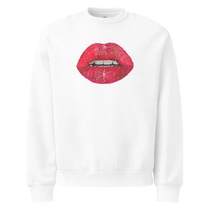 Red Glitter Lips design by Kirsten Blackburn on oversized heavyweight sweatshirt