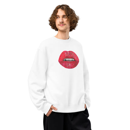 Red Glitter Lips design by Kirsten Blackburn on oversized heavyweight sweatshirt