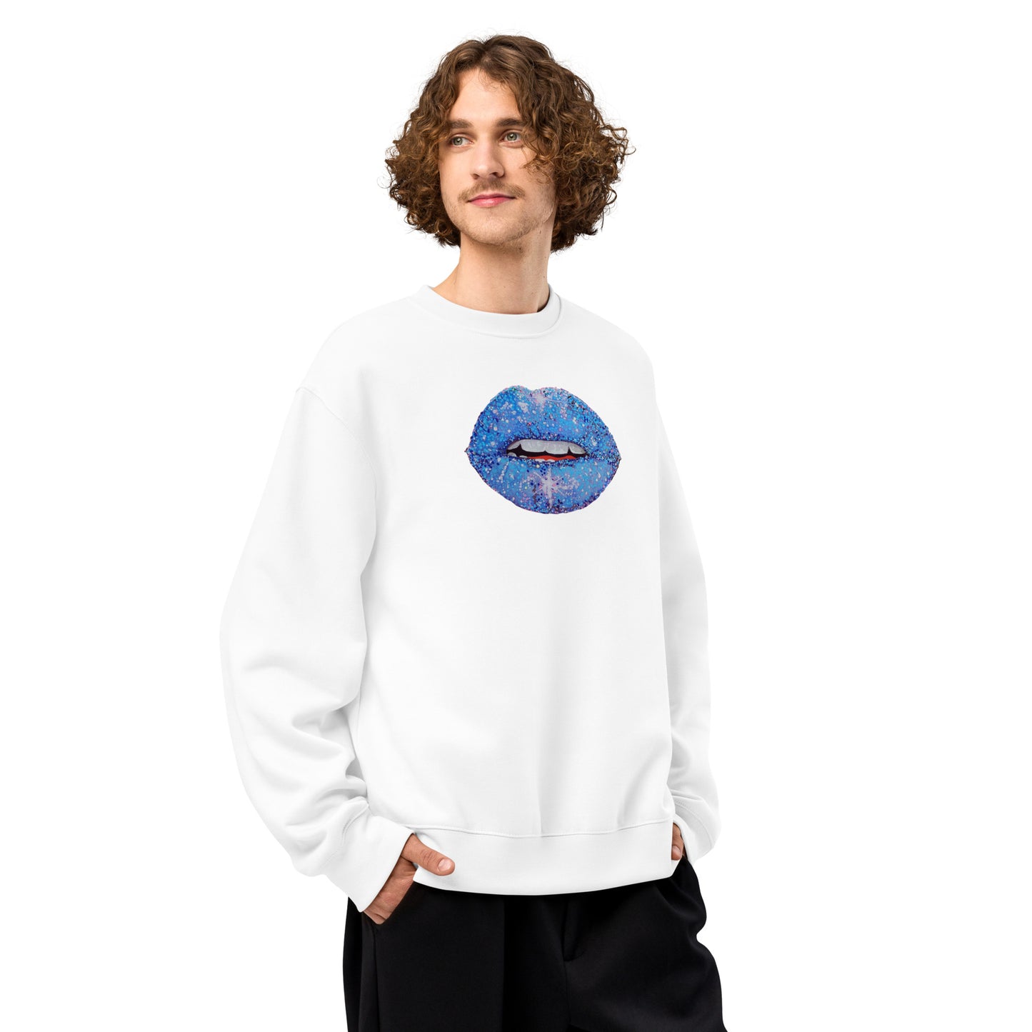 Blue Glitter Lips design by Kirsten Blackburn on oversized heavyweight sweatshirt