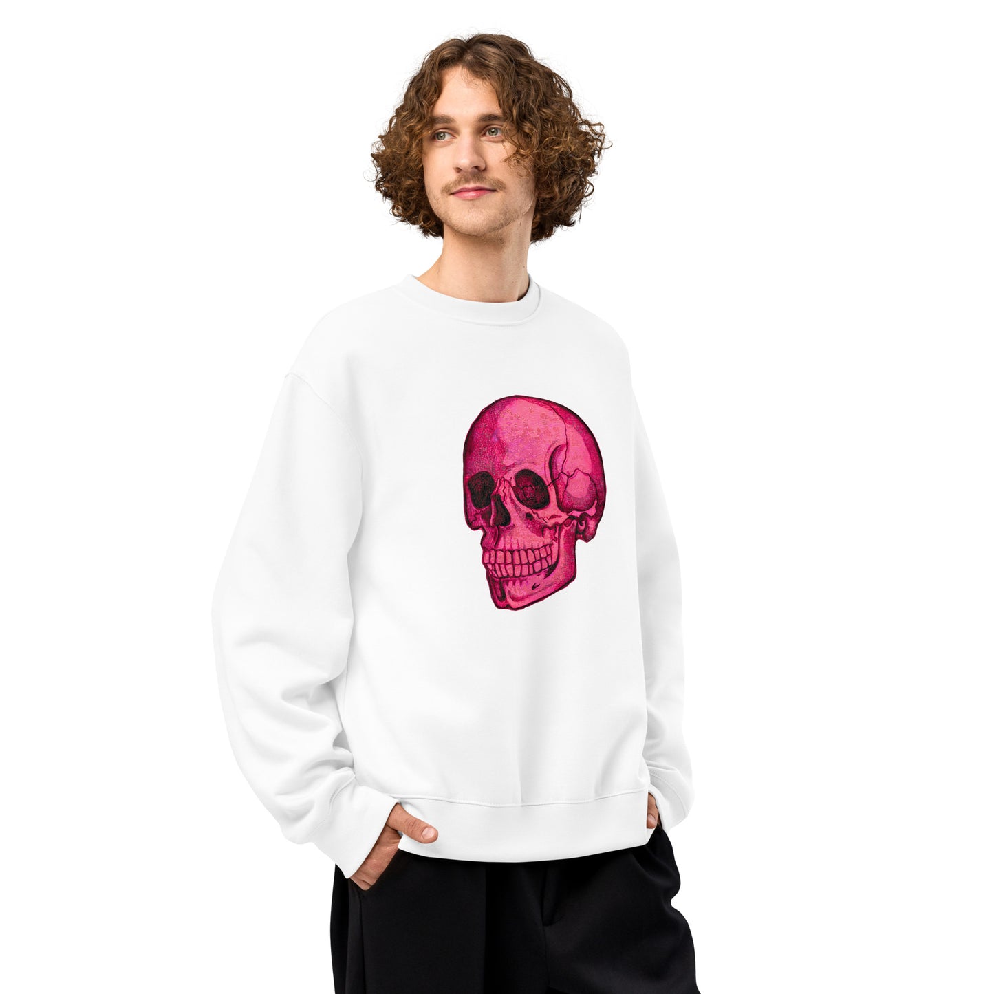 Pink Skull design by Kirsten Blackburn on oversized heavyweight sweatshirt