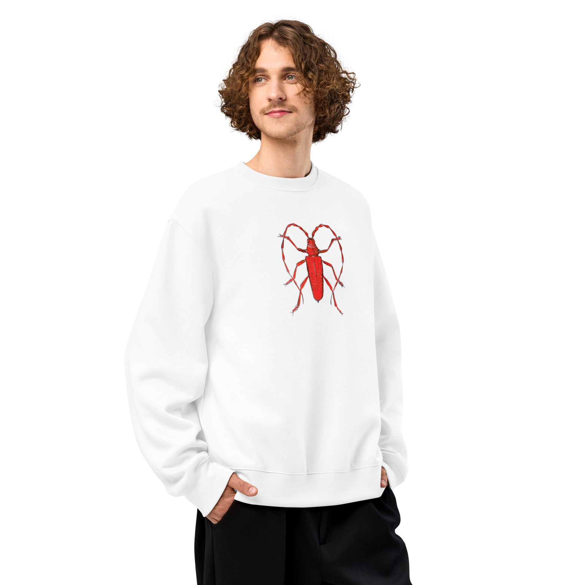 Red Beetle design by Kirsten Blackburn on oversized heavyweight sweatshirt