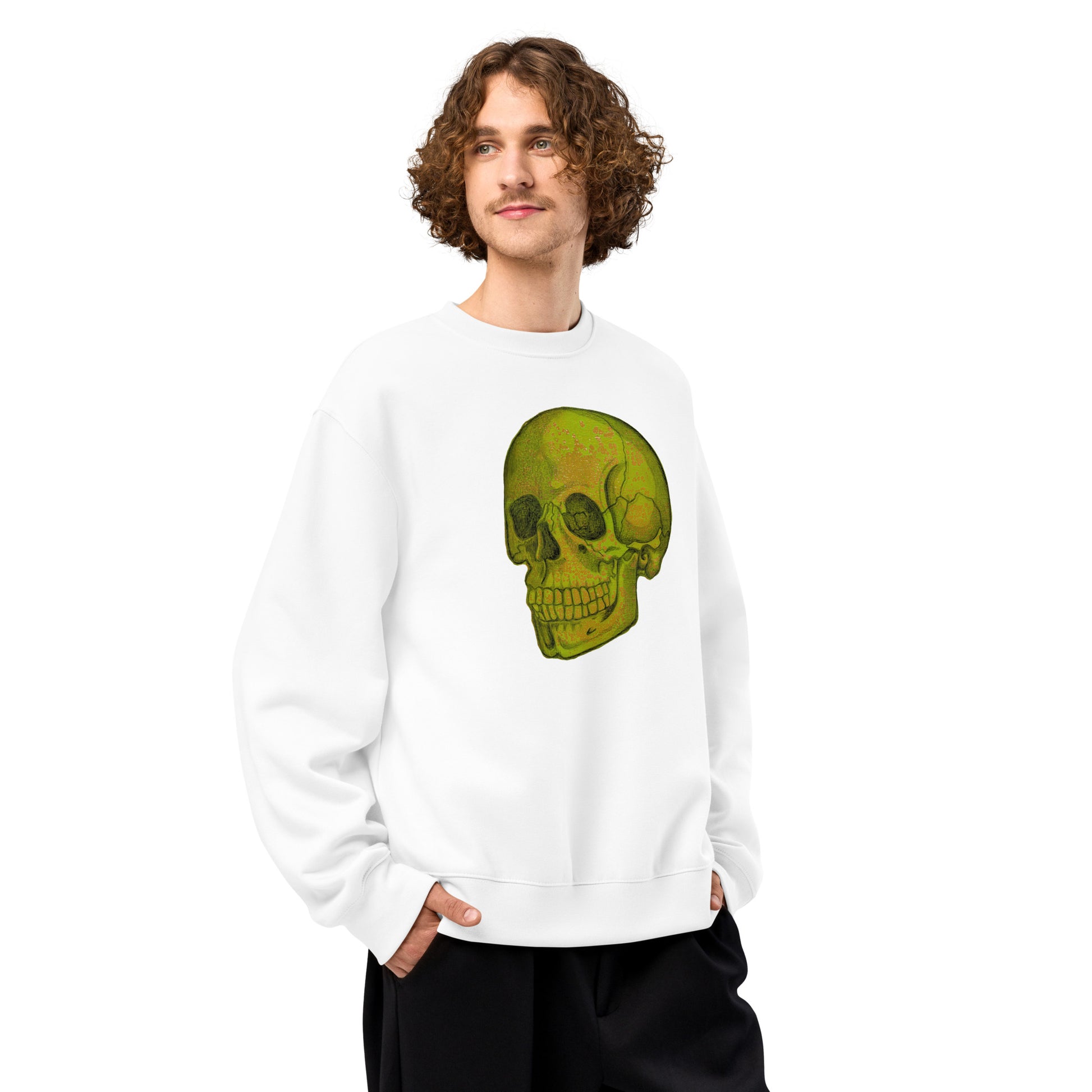 Green Skull design by Kirsten Blackburn on oversized heavyweight sweatshirt