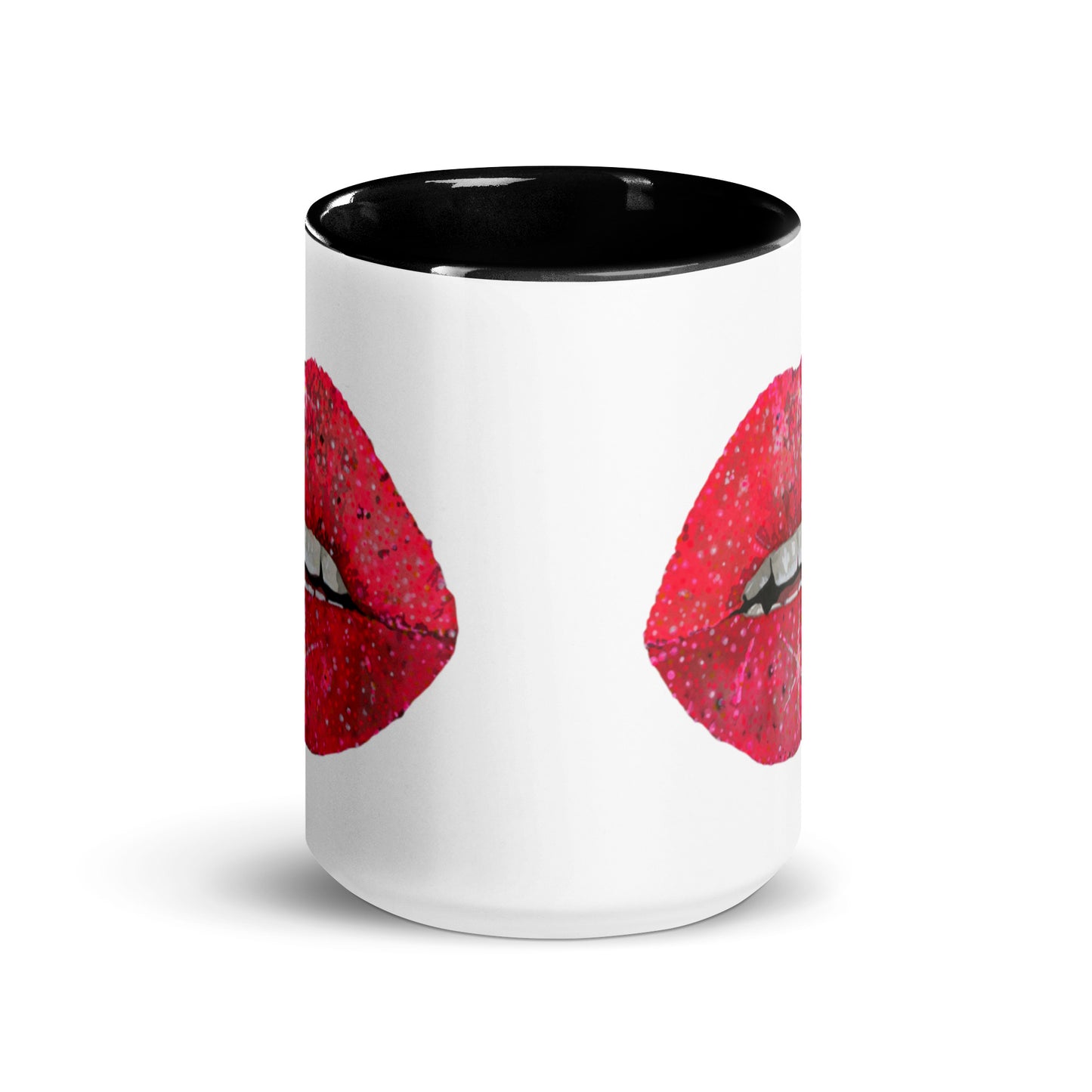 Red glitter lips design by Kirsten Blackburn on 15oz glossy mug with colored interior