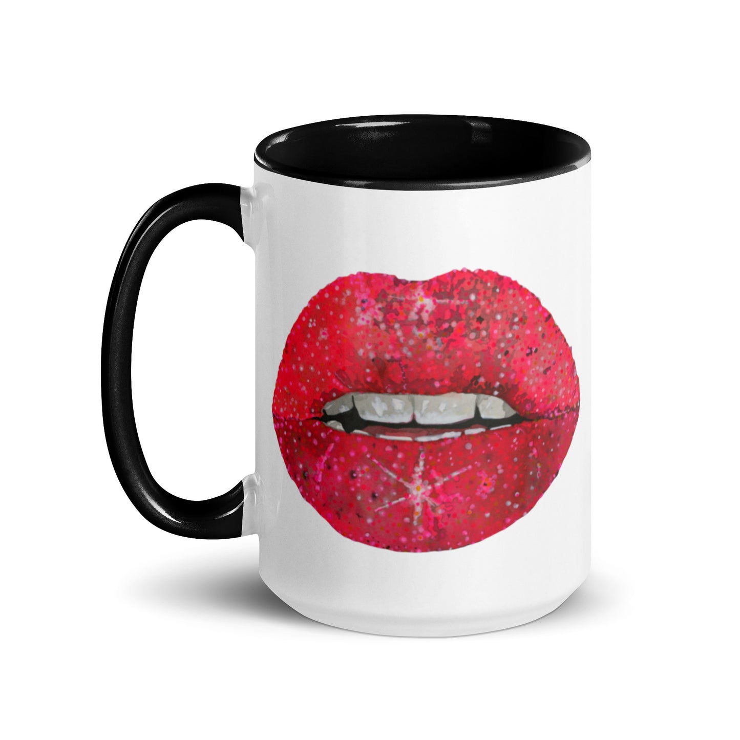 Red glitter lips design by Kirsten Blackburn on 15oz glossy mug with colored interior