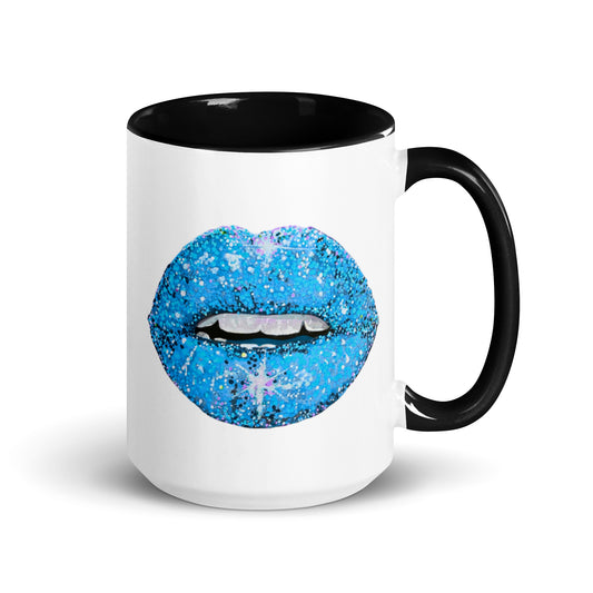 Blue Glitter Lips design by Kirsten Blackburn on 15oz mug with color inside