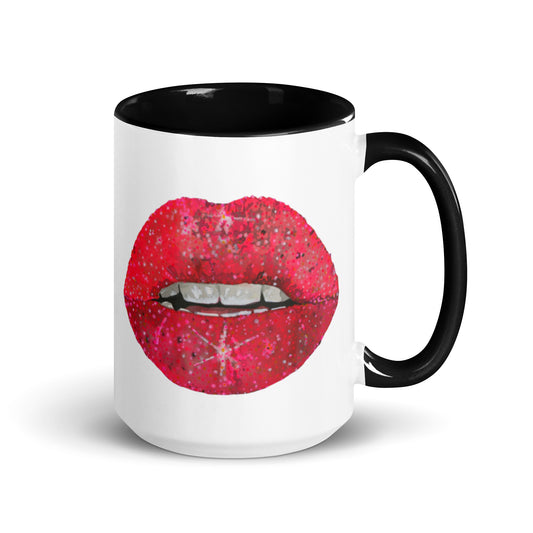 Red glitter lips design by Kirsten Blackburn on 15oz glossy mug with colored interior