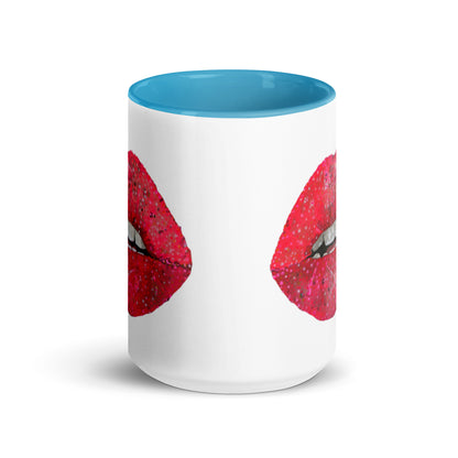 Red glitter lips design by Kirsten Blackburn on 15oz glossy mug with colored interior
