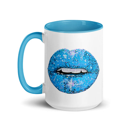 Blue Glitter Lips design by Kirsten Blackburn on 15oz mug with color inside