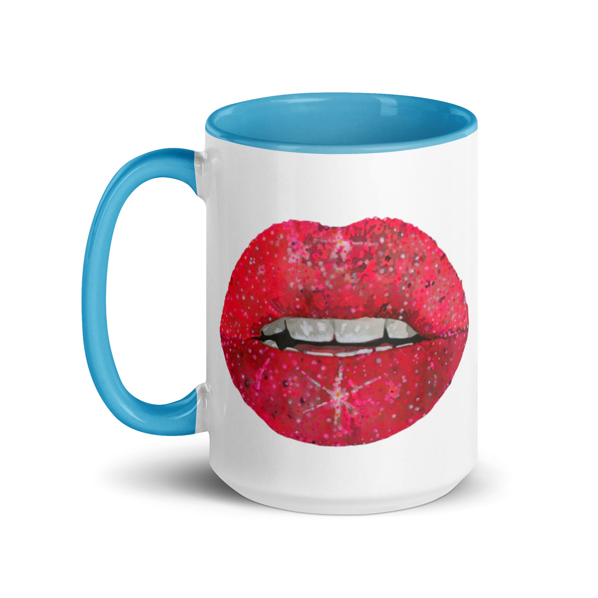 Red glitter lips design by Kirsten Blackburn on 15oz glossy mug with colored interior