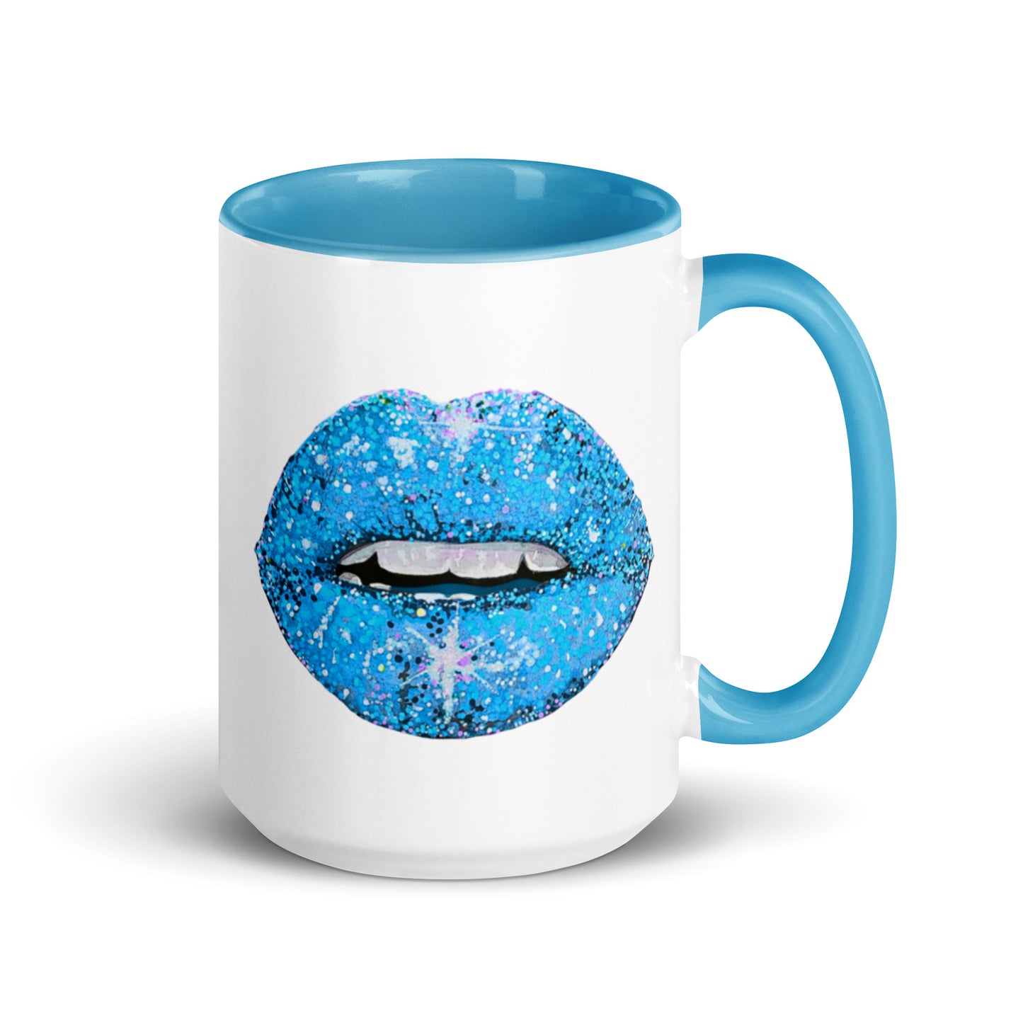 Blue Glitter Lips design by Kirsten Blackburn on 15oz mug with color inside