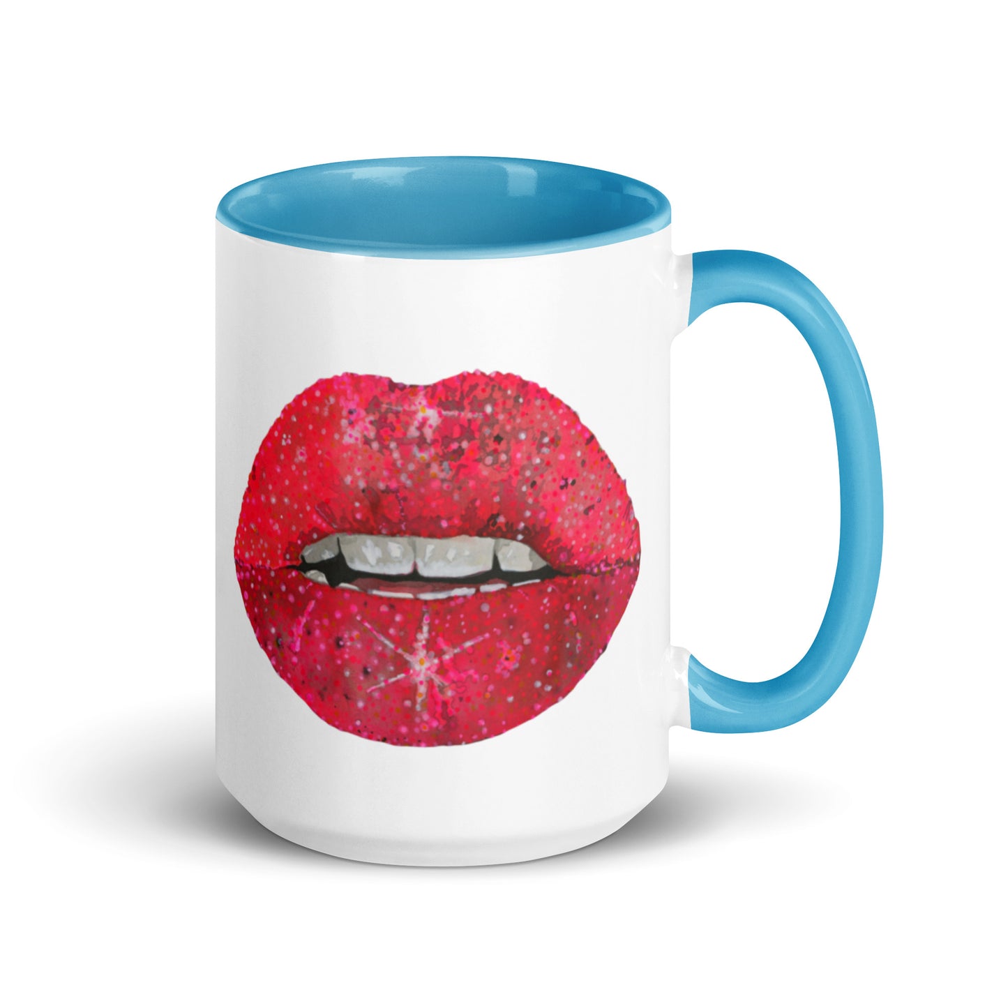 Red glitter lips design by Kirsten Blackburn on 15oz glossy mug with colored interior