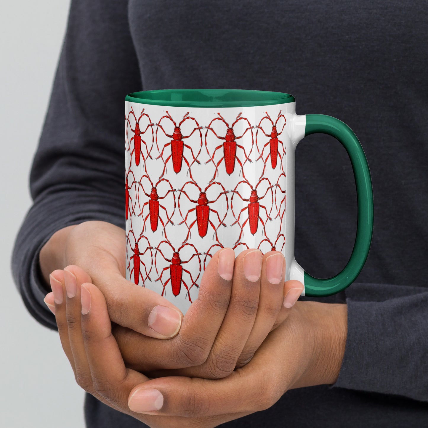 Red Beetle Parade design by Kirsten Blackburn on 15oz glossy mug with colored interior