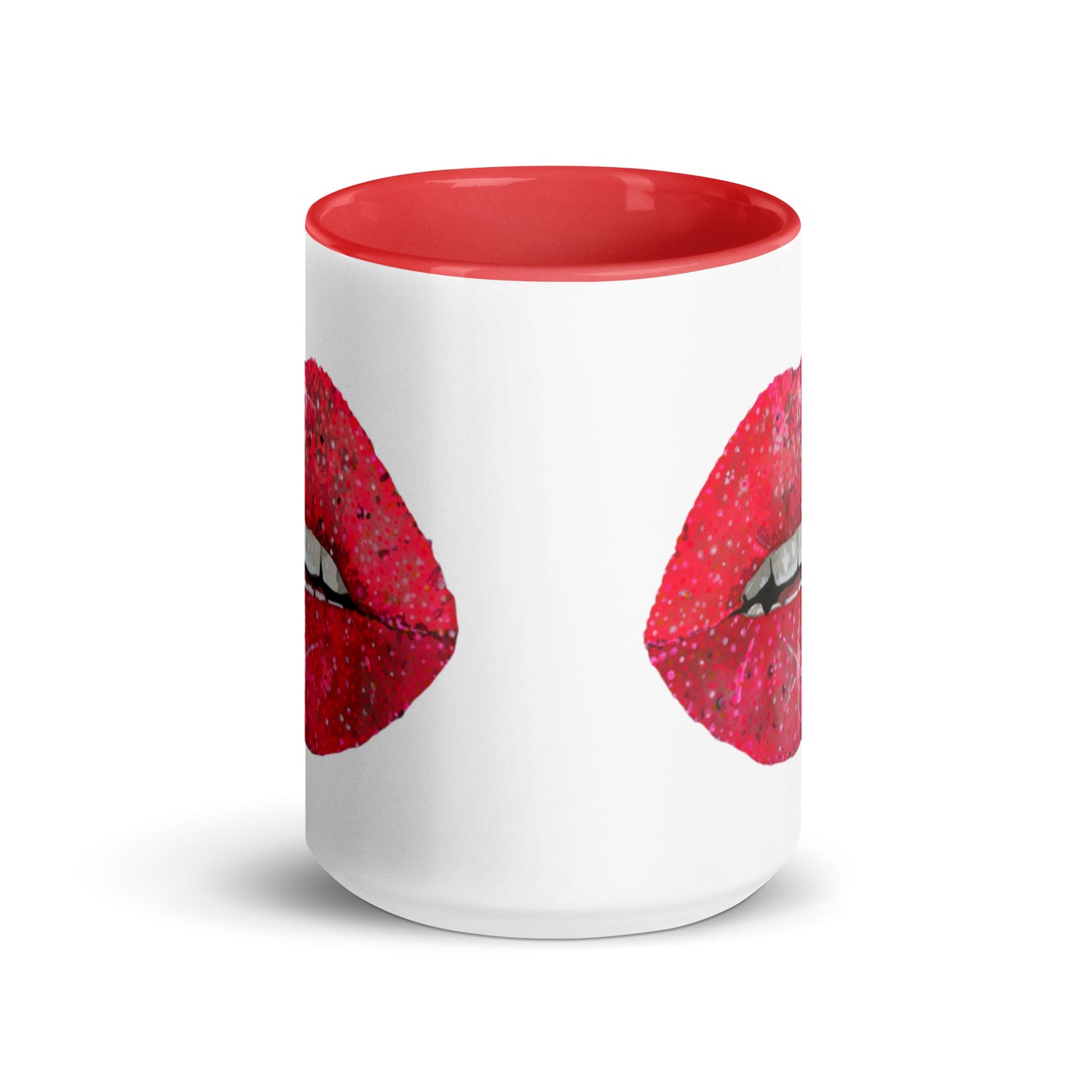 Red glitter lips design by Kirsten Blackburn on 15oz glossy mug with colored interior