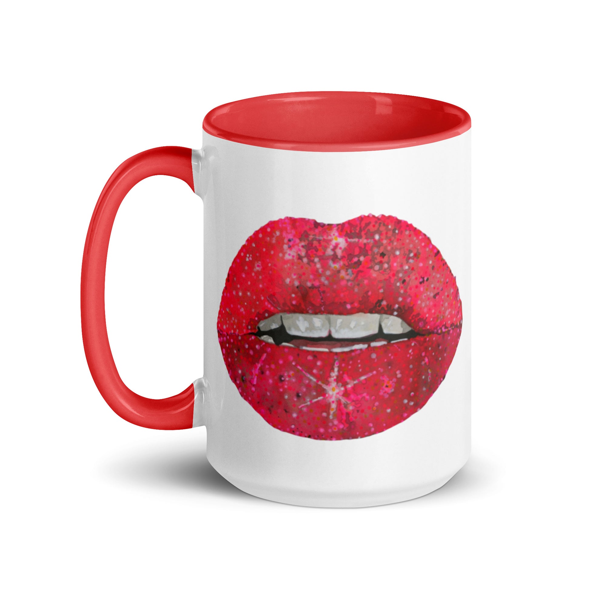 Red glitter lips design by Kirsten Blackburn on 15oz glossy mug with colored interior