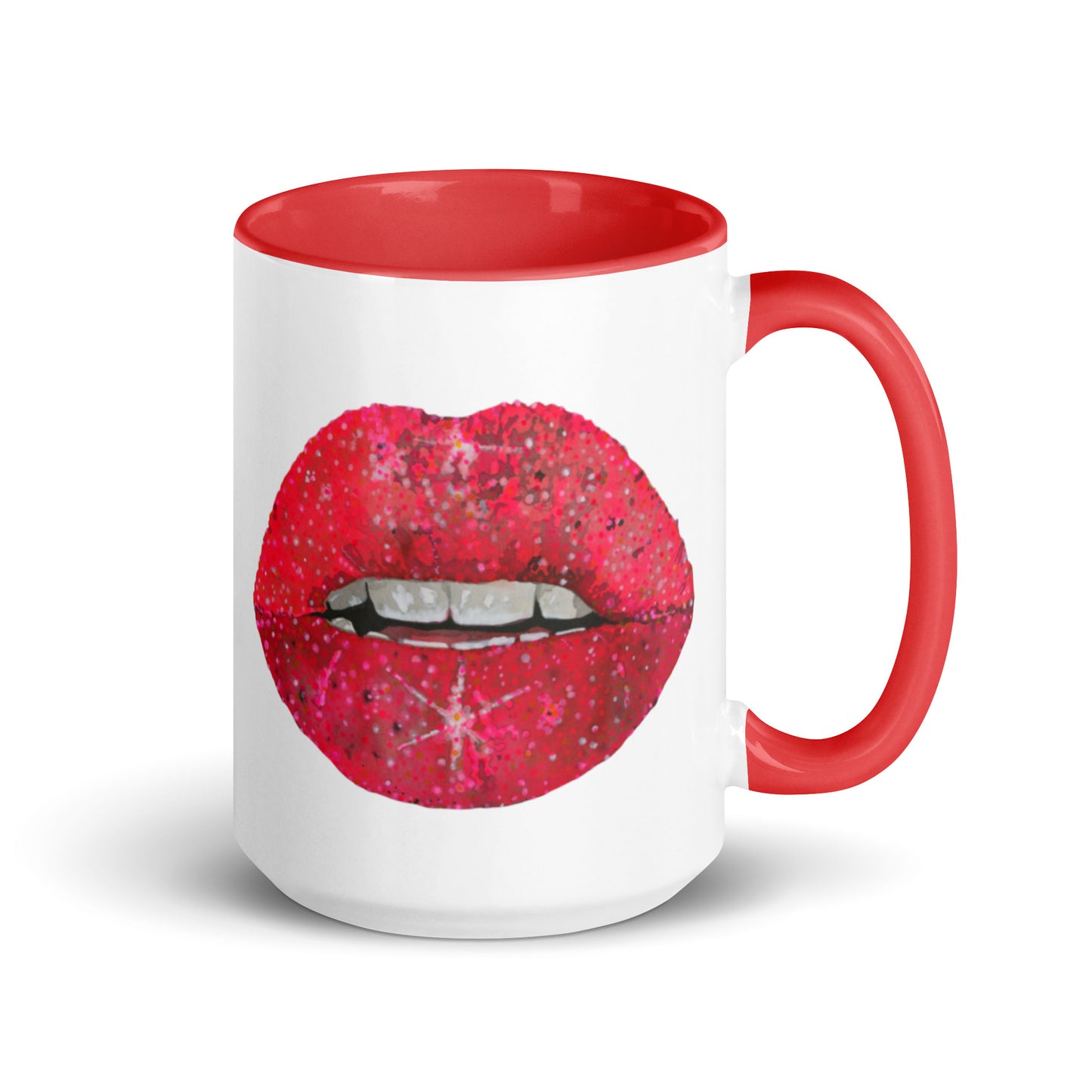 Red glitter lips design by Kirsten Blackburn on 15oz glossy mug with colored interior
