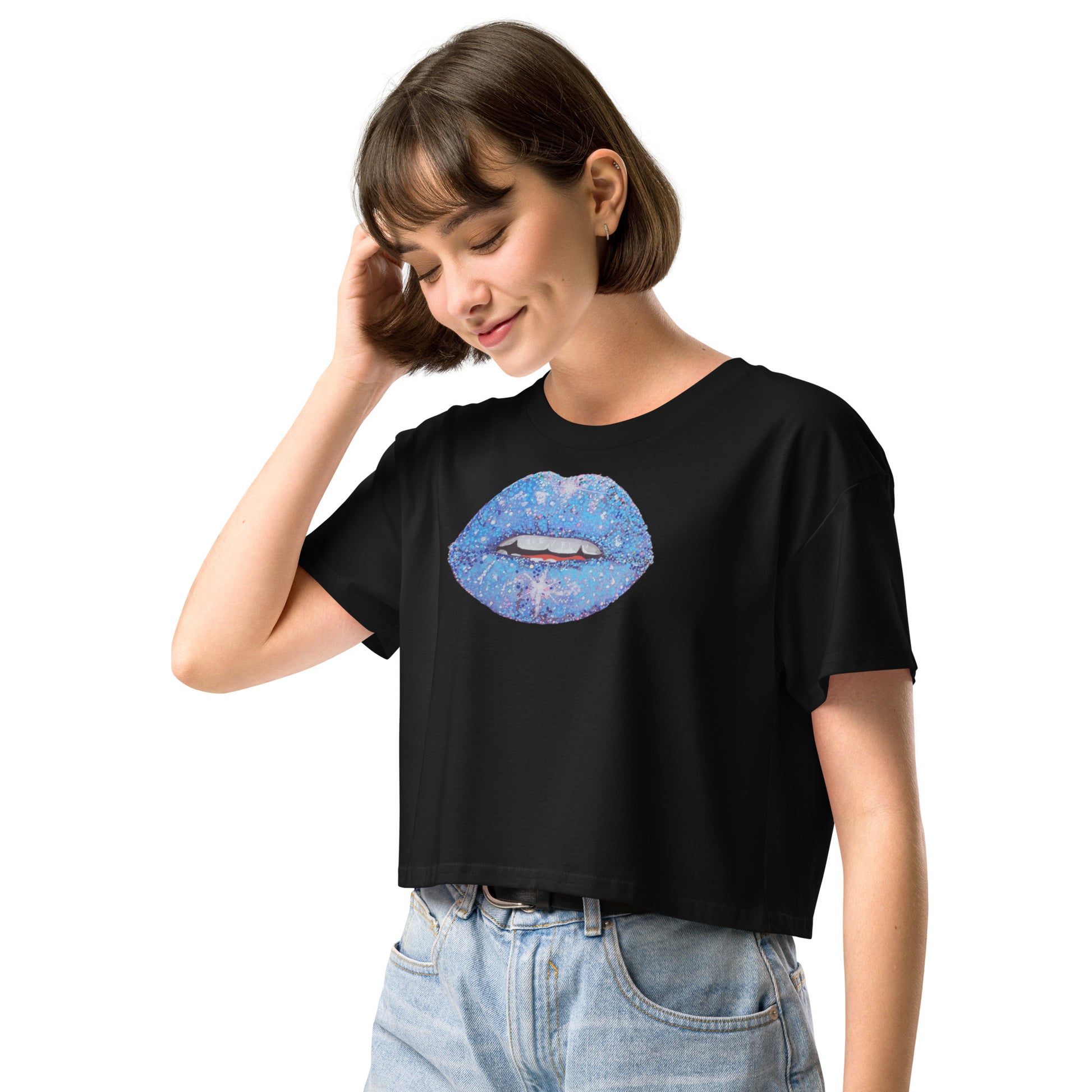 Blue Glitter Lips design by Kirsten Blackburn on crop top