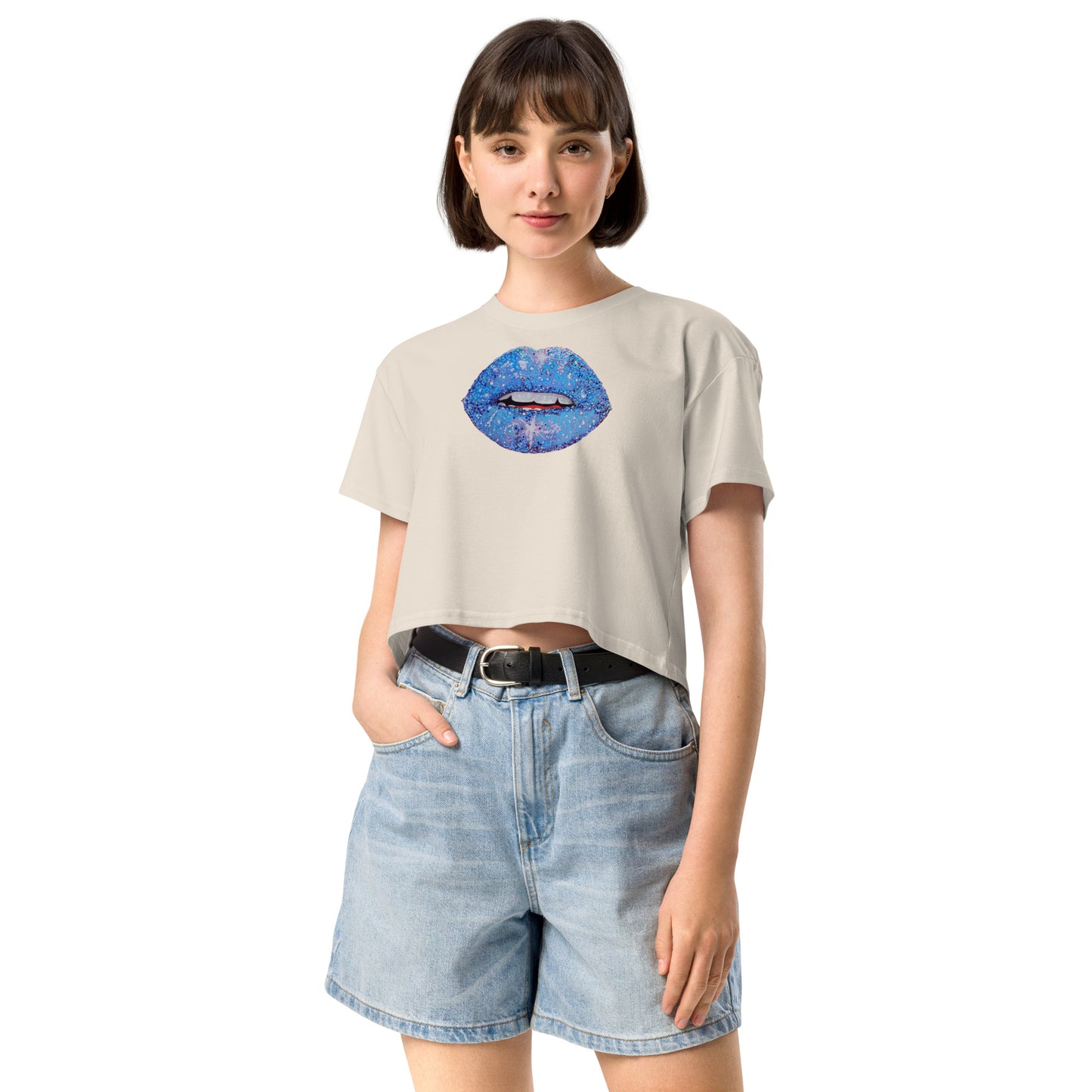 Blue Glitter Lips design by Kirsten Blackburn on crop top