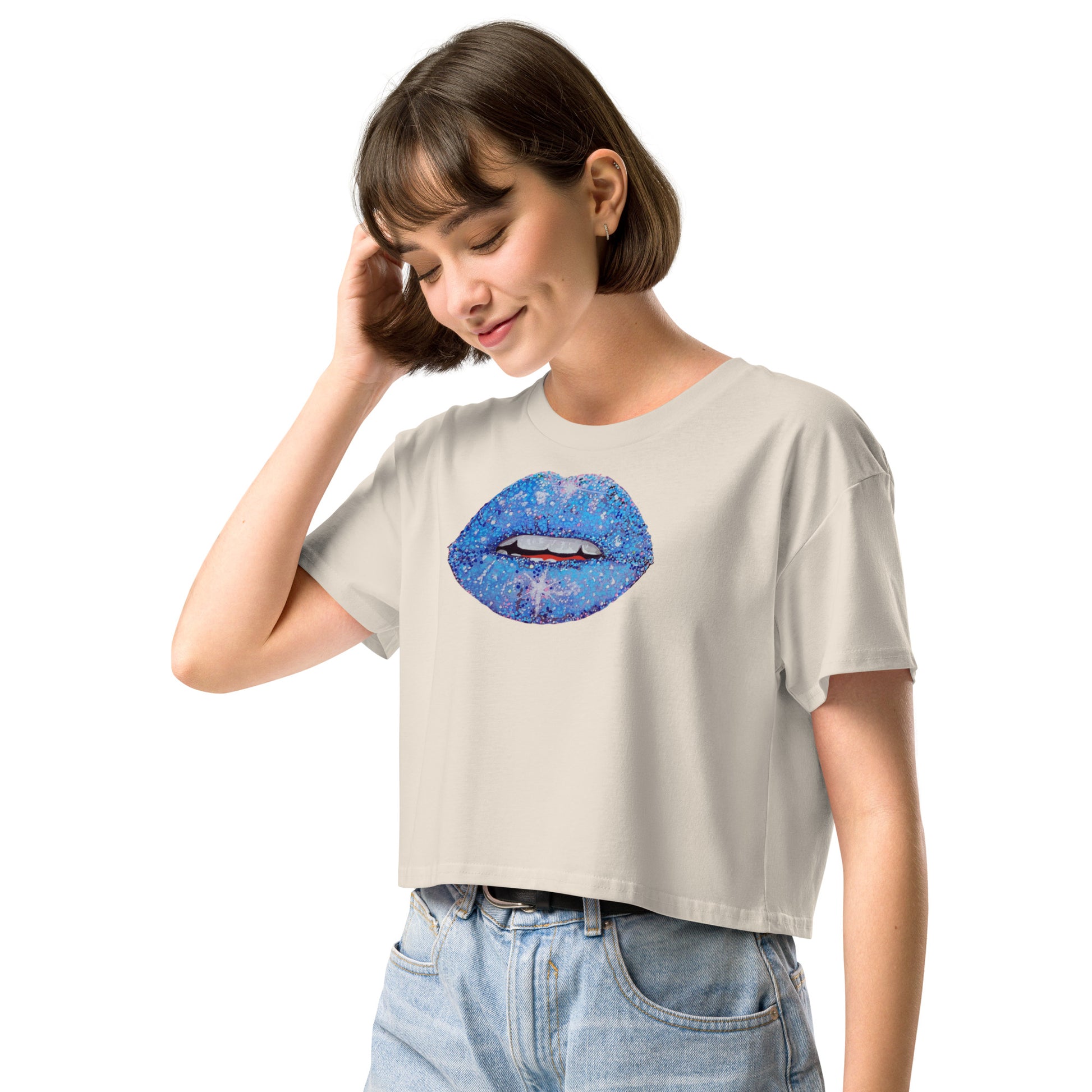 Blue Glitter Lips design by Kirsten Blackburn on crop top