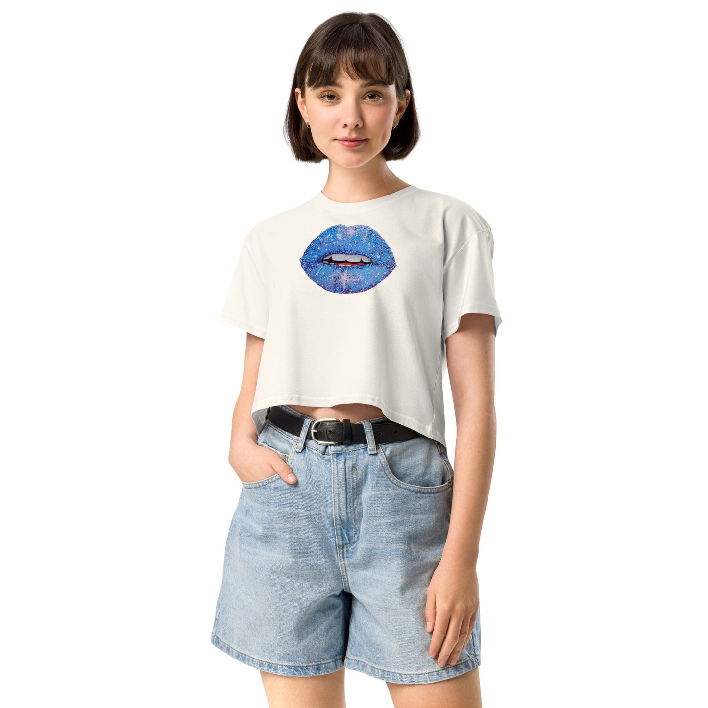 Blue Glitter Lips design by Kirsten Blackburn on crop top